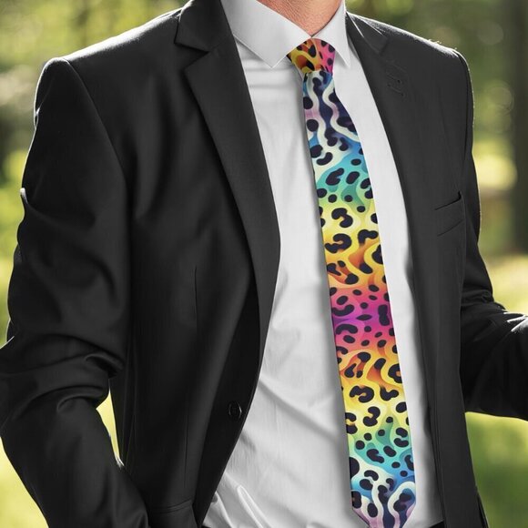 Tie Trippy Cheetah Leopard Rainbow Necktie Hippie Psychedelic Tie Dye Rave Gift - Picture 2 of 11